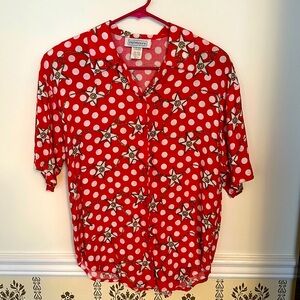 Vtg Impressions Western Blouse 80’s Short Sleeves S Red White Polka Dots Stars